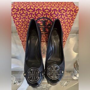 Tory Burch Black Leather Logo Wedge Heels